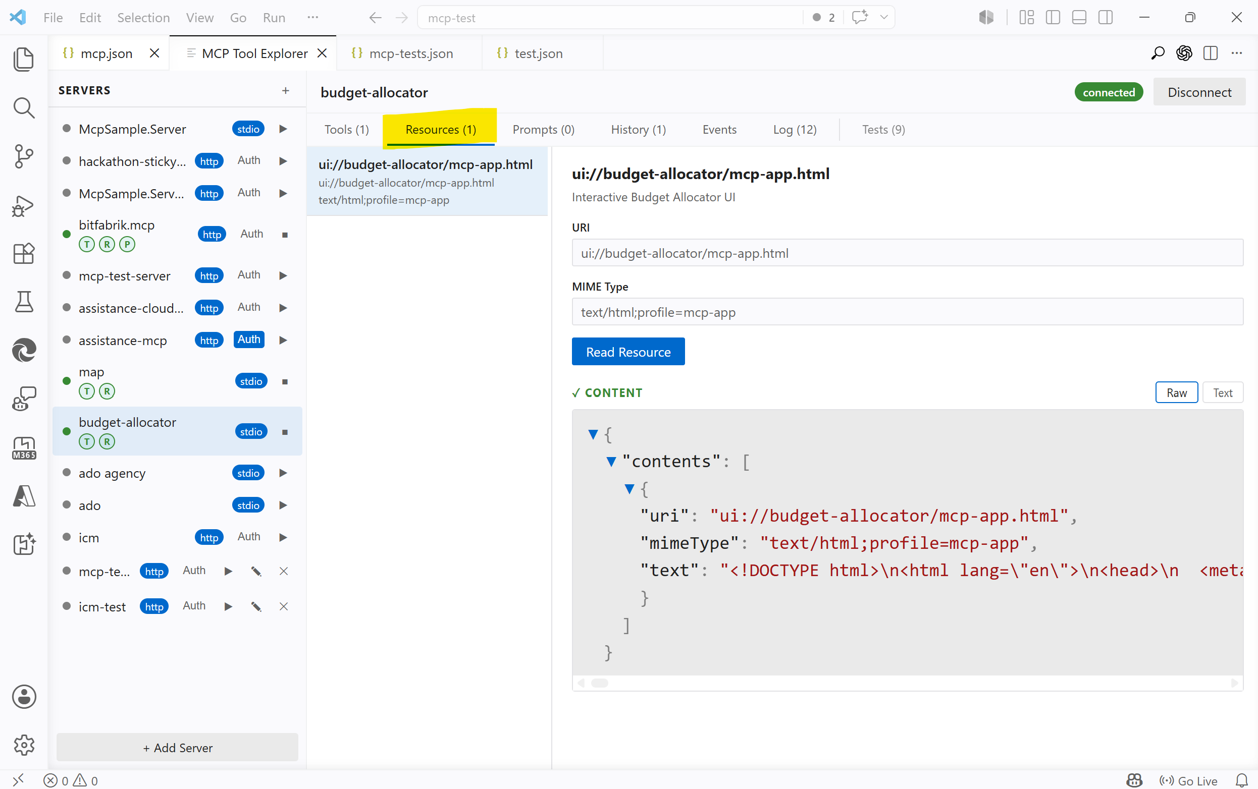 MCP resources screenshot